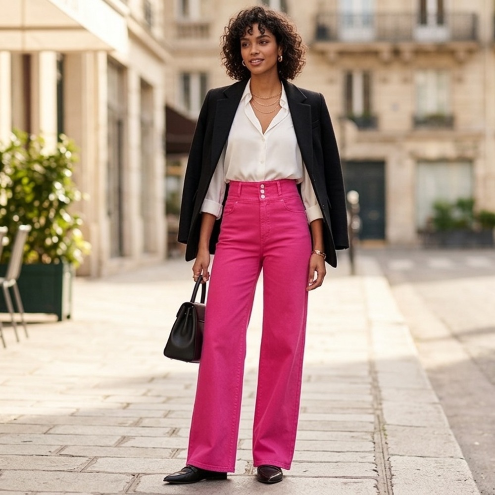 SHEIN Fuchsia High Waisted Wide Leg‎ Jeans 26 Pink Statement Pants Vibrant Denim